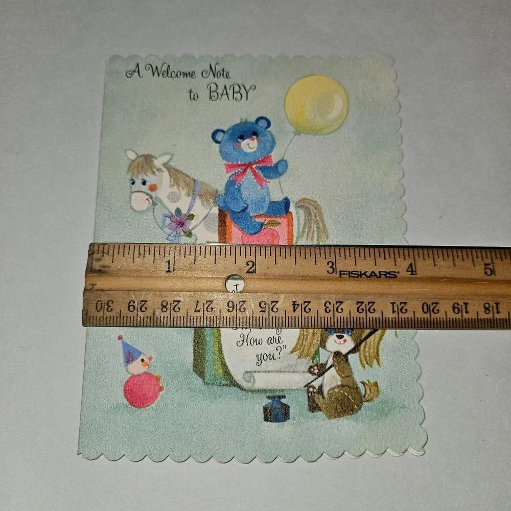 VTG New Baby Welcome Note Greeting Card Bear Dog Toys Scalloped NEVER USED